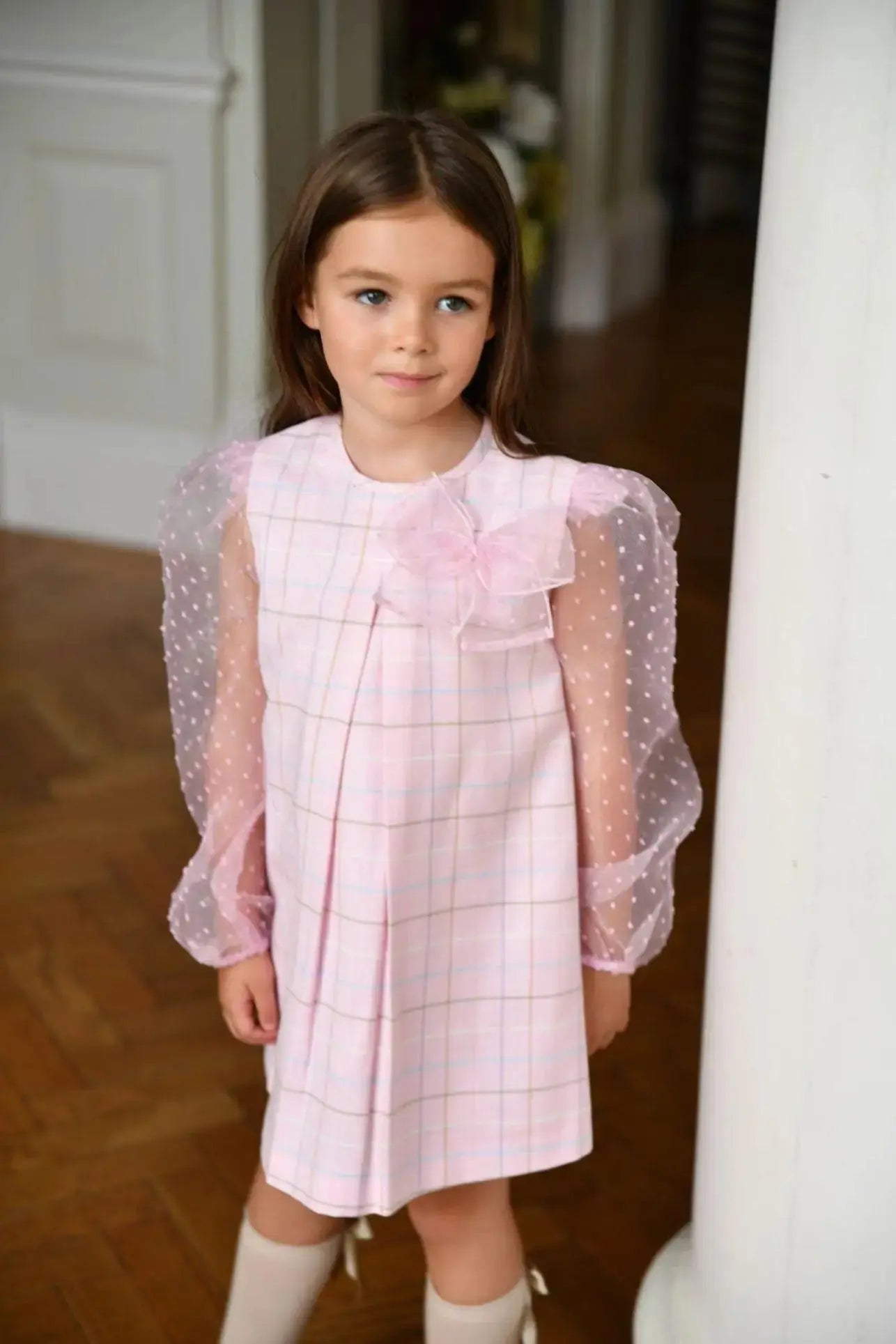 AW24 Babine Girls Pink Check Organza Arms Dress Dainty Delilah