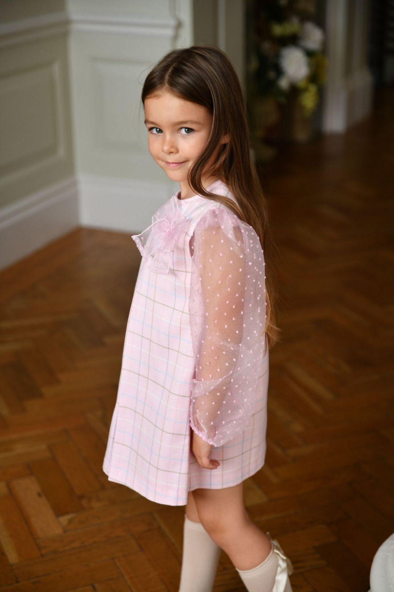 AW24 Babine Girls Pink Check Organza Arms Dress Dainty Delilah