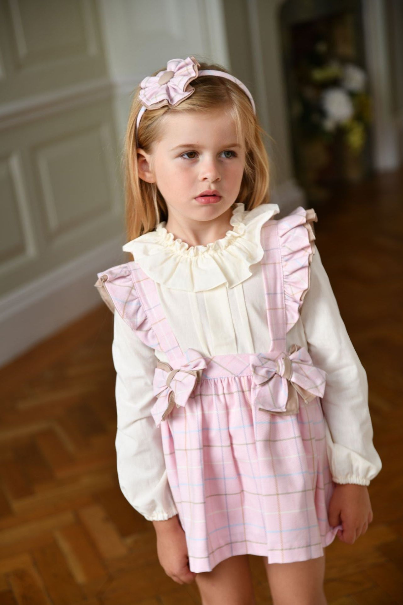AW24 Babine Girls Pink Check Pinafore Set Dainty Delilah
