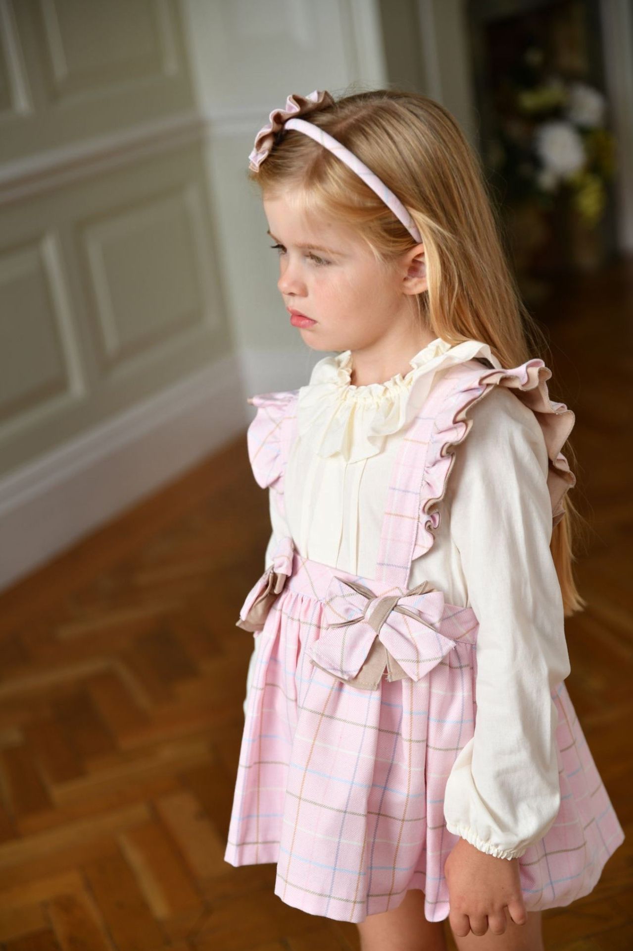 AW24 Babine Girls Pink Check Pinafore Set Dainty Delilah