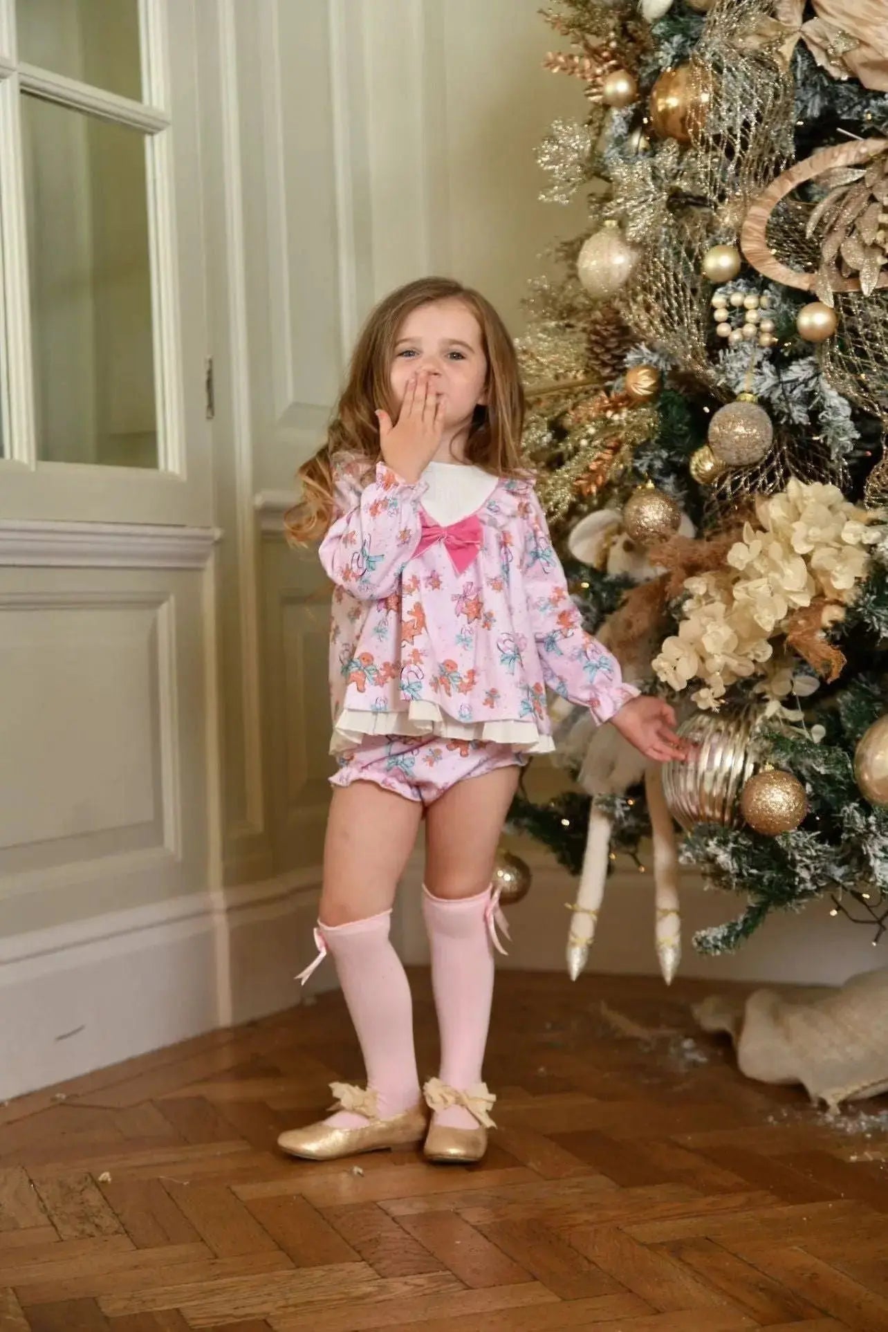 AW24 Babine Girls Pink Gingerbread Dress, Bonnet & Knickers Dainty Delilah