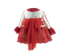 Back view of a white and red baby dress with lace sleeves, ruffled collar, and large tulle bow