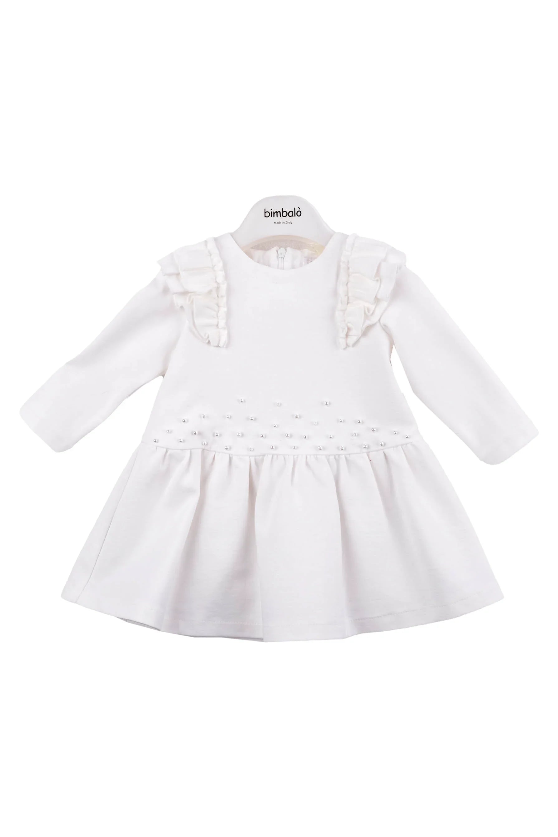 Bimbalo girls cream pearl dress with ruffle shoulder details and long sleeves