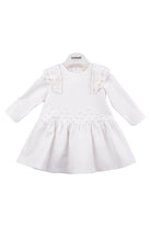 Bimbalo girls cream pearl dress with ruffle shoulder details and long sleeves