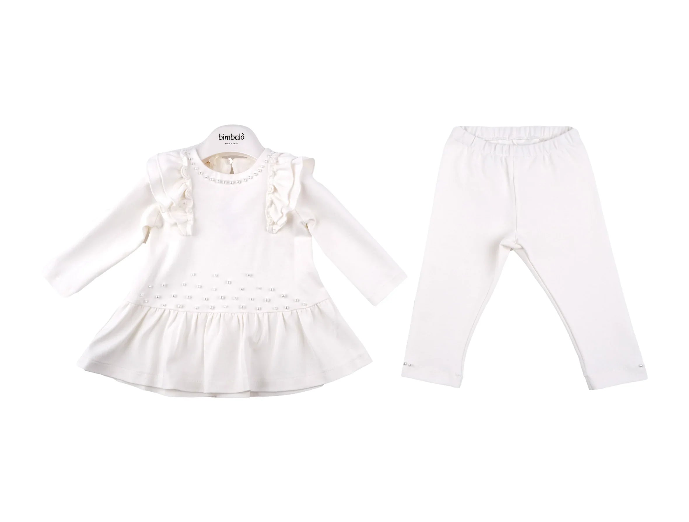 Cream pearl embellished girls long sleeve dress with ruffles and matching leggings set on white background