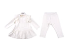 Cream pearl embellished girls long sleeve dress with ruffles and matching leggings set on white background