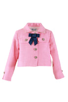 Pink tweed girls' jacket with crystal buttons and navy blue bow detail