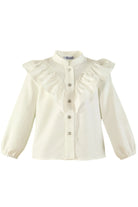 White long-sleeve girls blouse with ruffled front and silver buttons