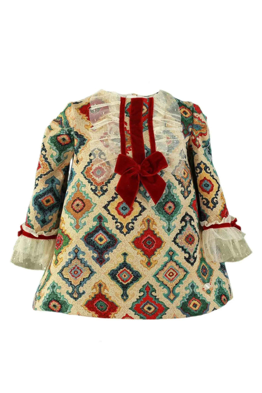 AW26 Miranda Girls Tiles Dress 234V featuring a colorful geometric pattern, available in sizes 4, 5, 6, 8, and 10 years.