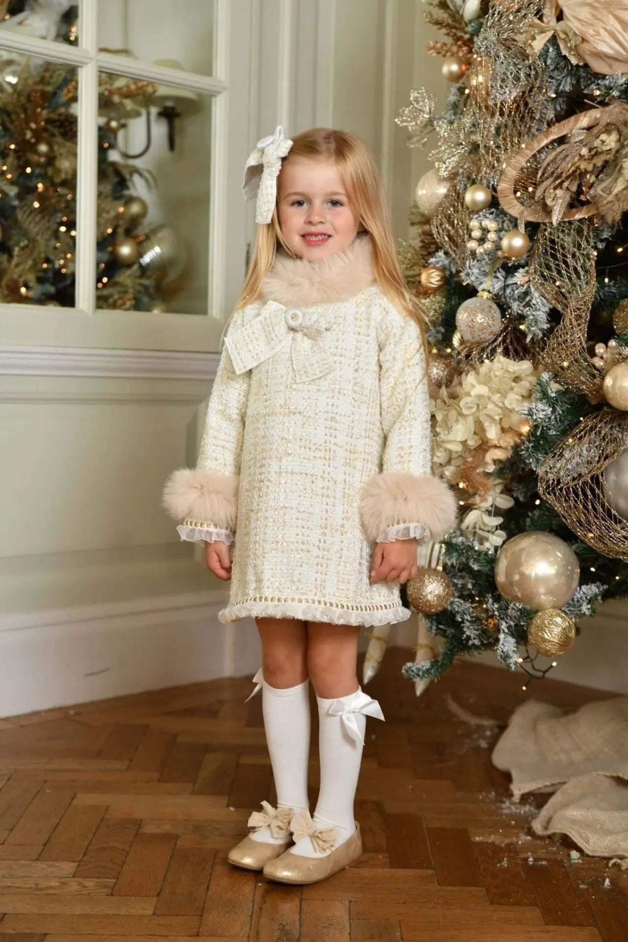 AW24 Naxos Girls Cream Chanel Tweed Fur Dress Dainty Delilah