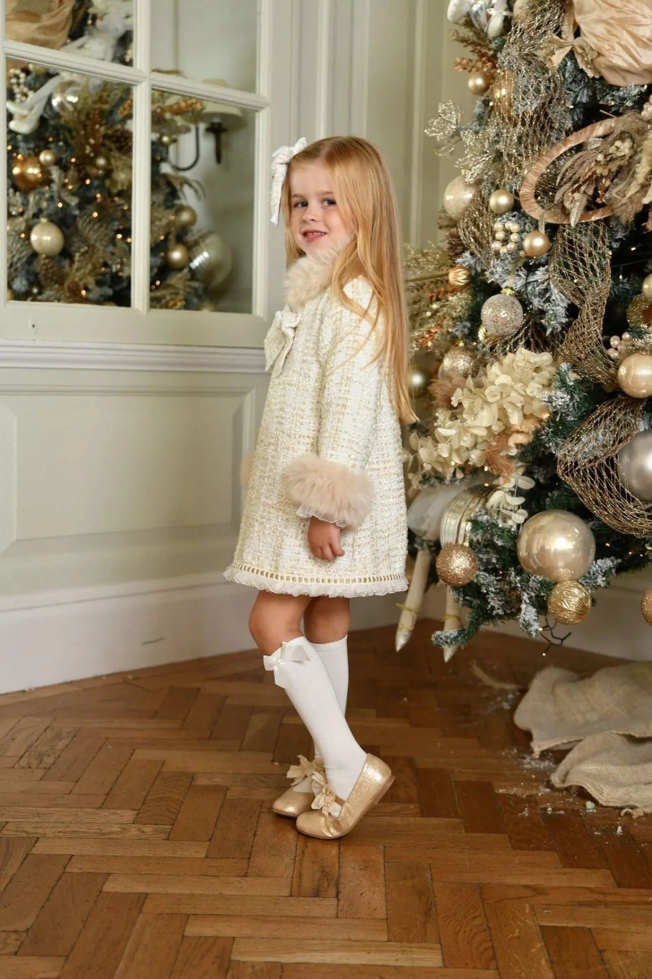 AW24 Naxos Girls Cream Chanel Tweed Fur Dress Dainty Delilah