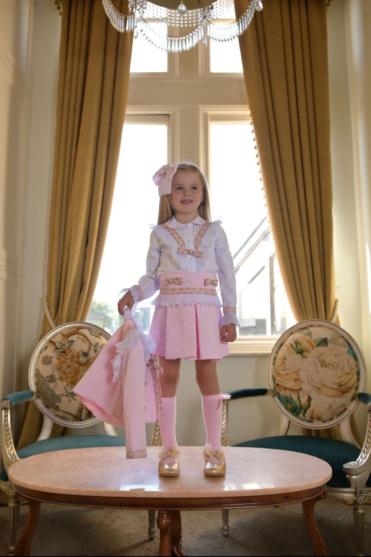 AW24 Naxos Girls Pink Damask Blazer & Skirt Set Dainty Delilah