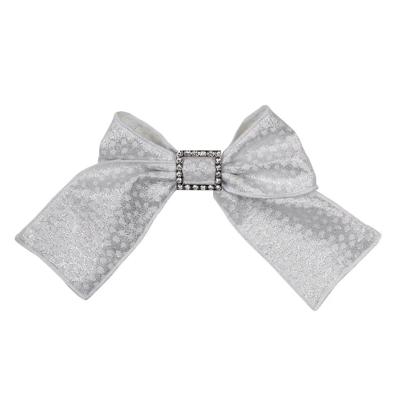 Silver girls' hair bow with delicate glitter pattern and rhinestone buckle center