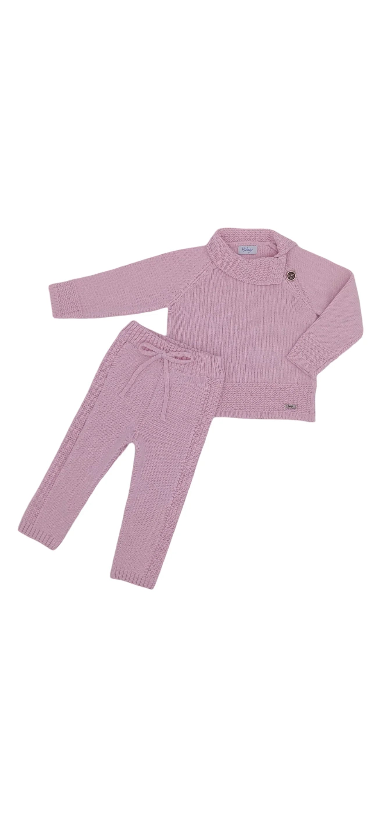 Pink knitted baby sweater with button collar and matching pants with drawstring