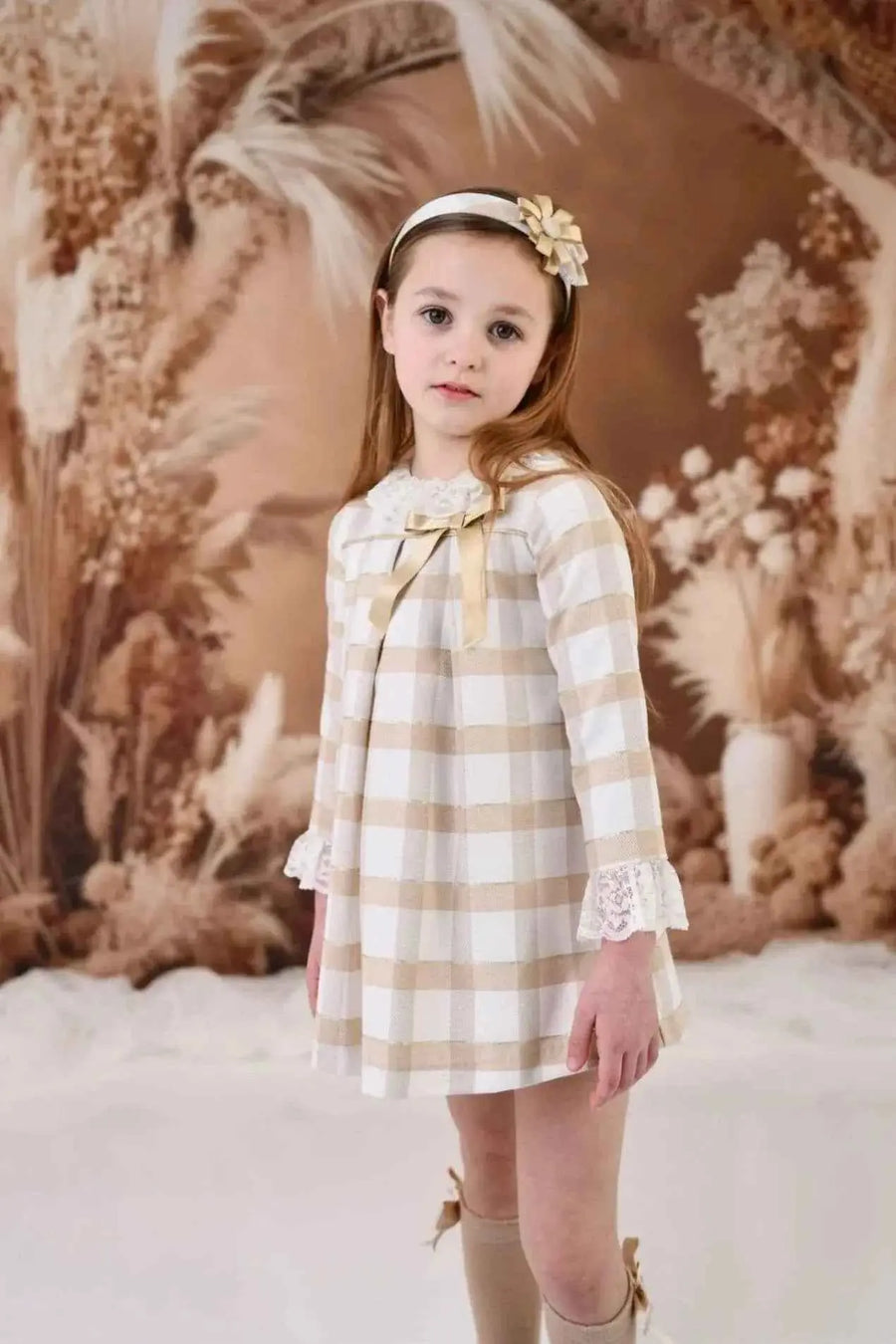 AW26 Rochy Girls Glitter Check Aline Lace Dress in light tones with glitter checks, available in sizes 4-16.