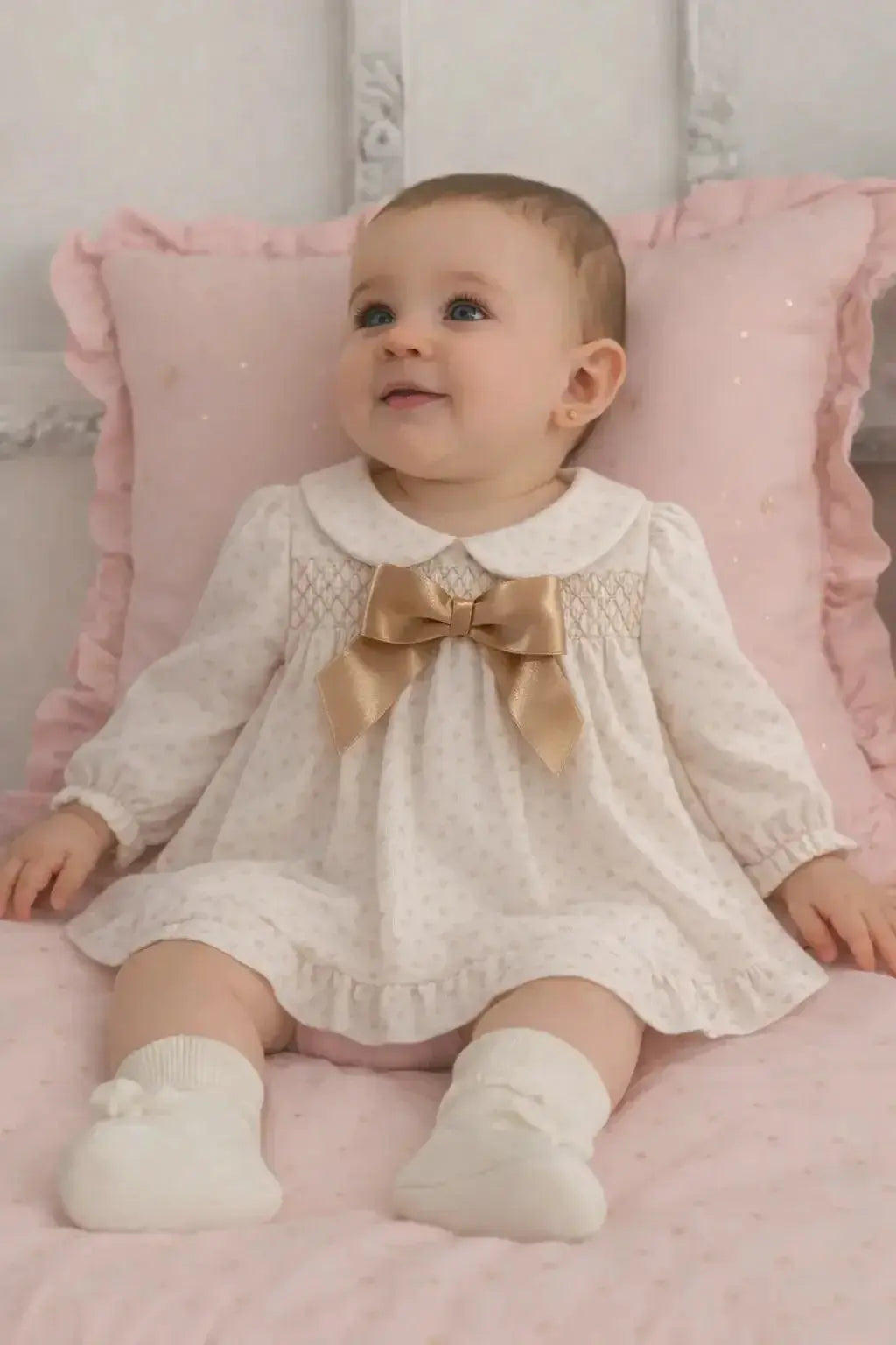 AW25 Girls Beige Heart Smock Dress & Knickers Babine