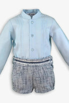 Boys light blue buttoned shirt with knit tweed shorts featuring decorative buttoned waistband