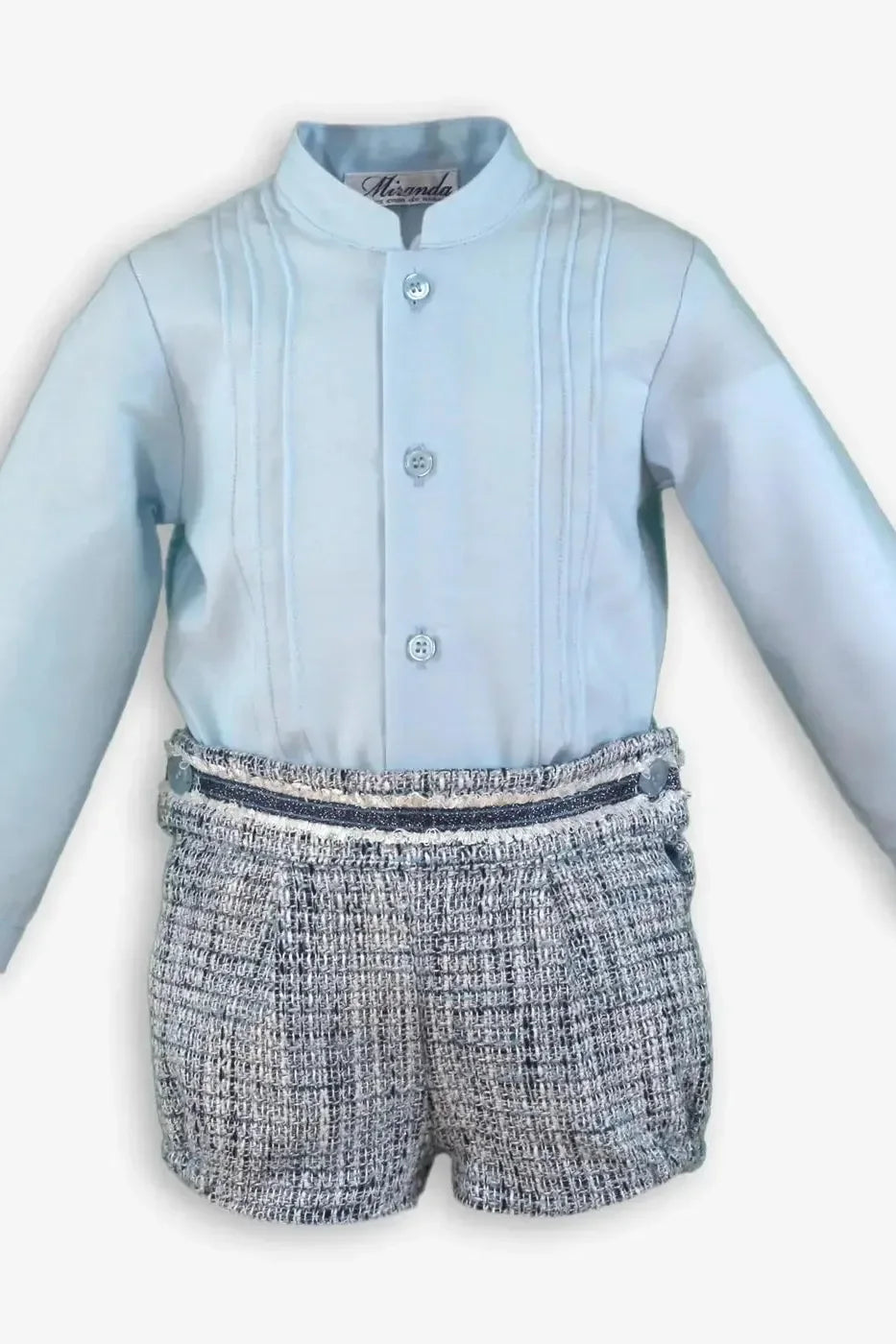 Boys light blue buttoned shirt with knit tweed shorts featuring decorative buttoned waistband