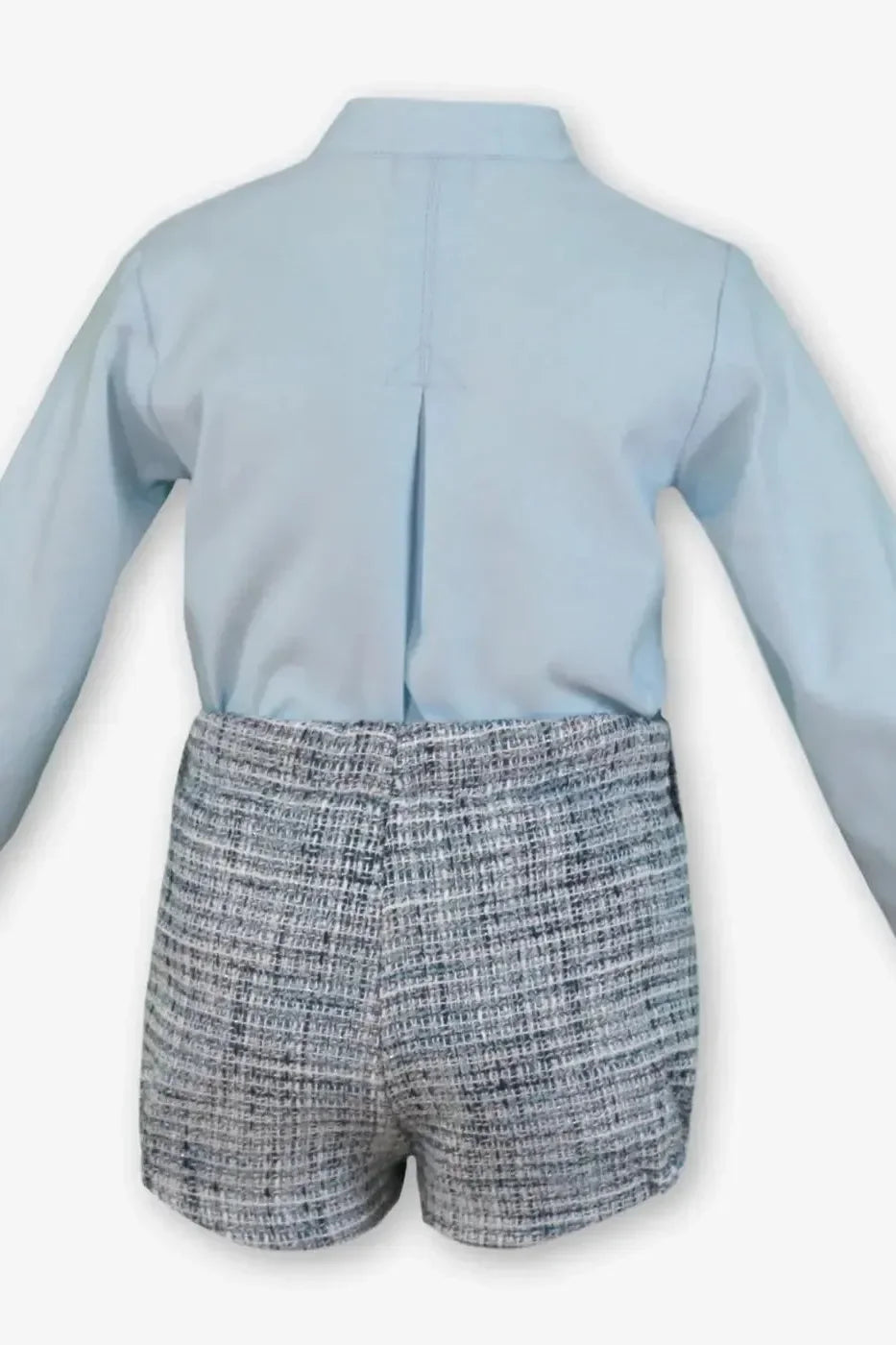 Back view of baby boy outfit with light blue shirt and gray textured shorts