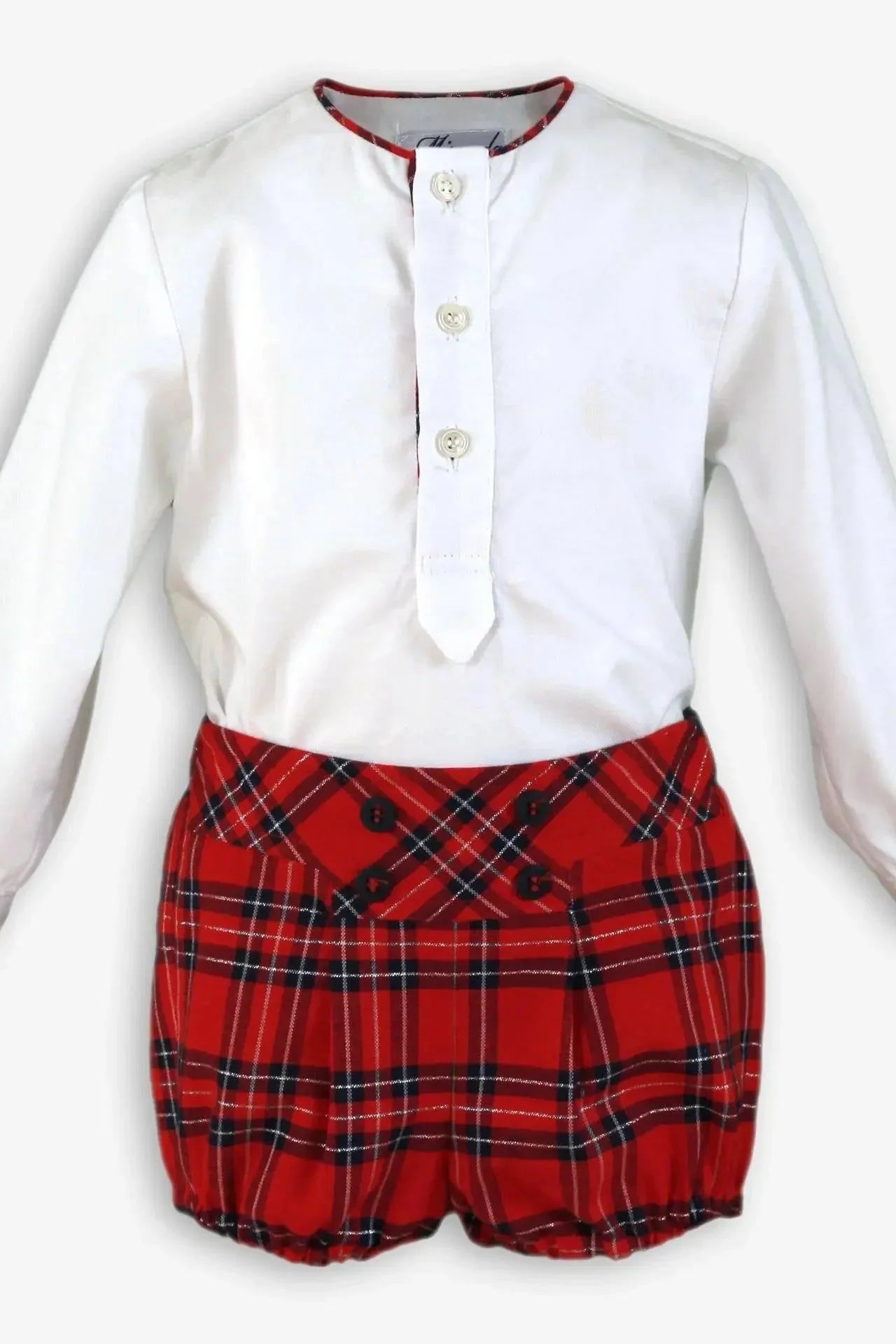 Boys white long sleeve shirt paired with red tartan plaid shorts with button details