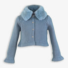 Light blue ribbed knit cardigan with faux fur collar and button front closure