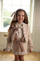 AW25 Naxos Girls Beige Glitter Tweed Blazer and Skirt Set - Stylish Kids Fashion