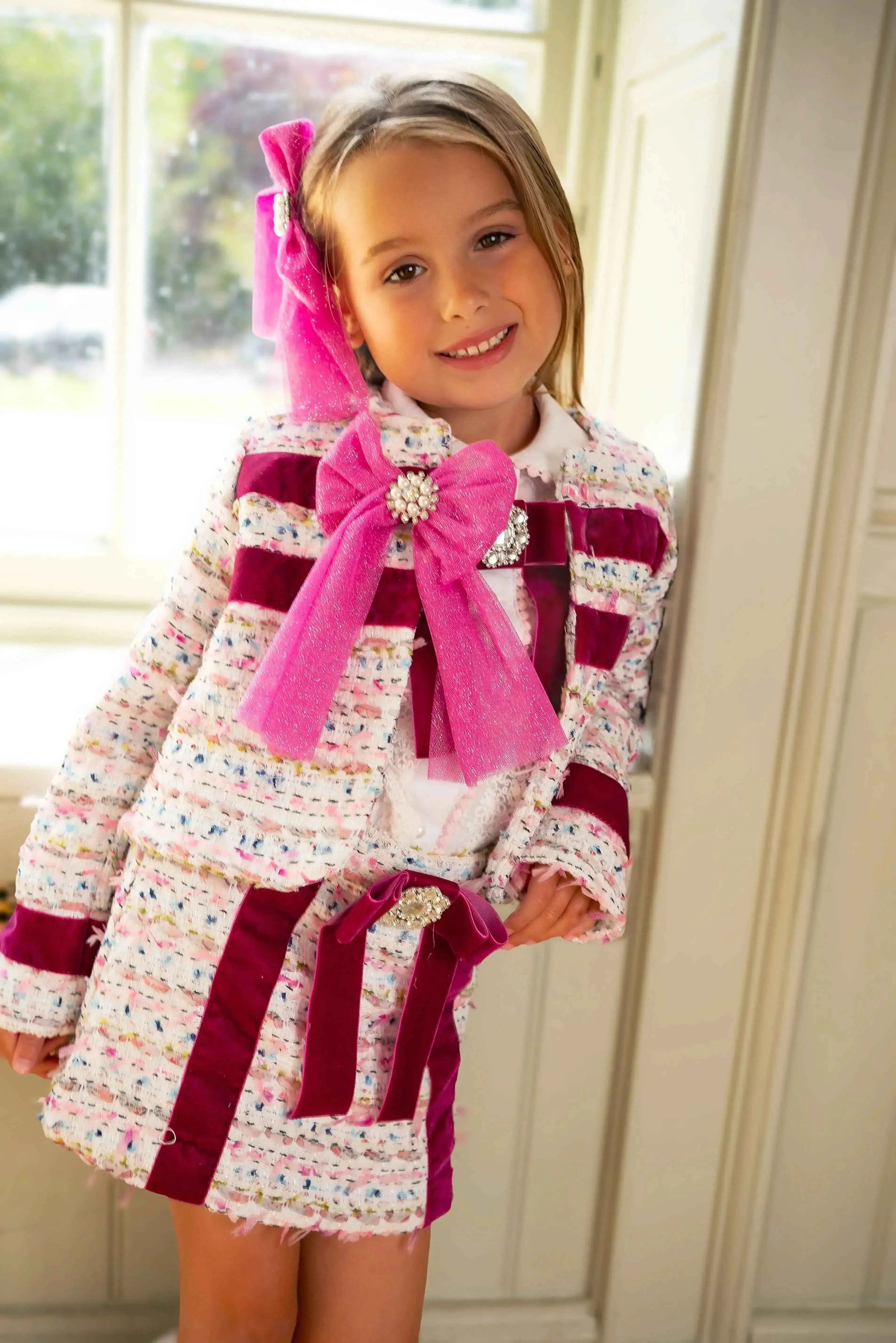 AW25 Naxos Girls Hot Pink Tweed Blazer and Skirt Set for