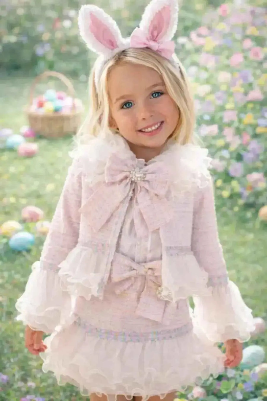 AW26 Naxos Girls Pink Tweed Blazer and Pinafore Set available in sizes 3-14 Years for stylish young fashionistas.