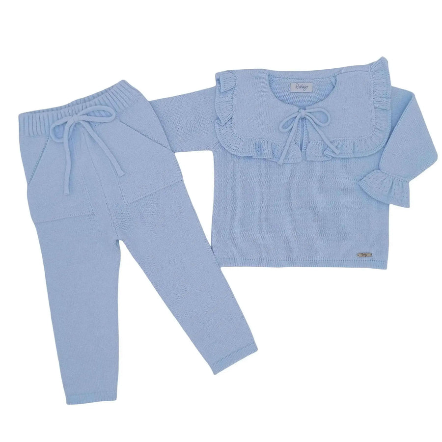 AW26 Rahigo Baby Girls Blue Tracksuit - Ruffled top with drawstring and matching elastic waistband pants. Sizes available: 2 Years, 3 Years, 4 Years, 5 Years, 6 Years, 8 Years.