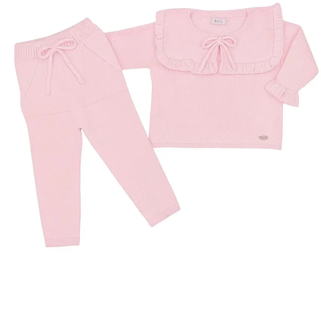 Baby girls pink knitted tracksuit with ruffle collar and drawstring waistband pants