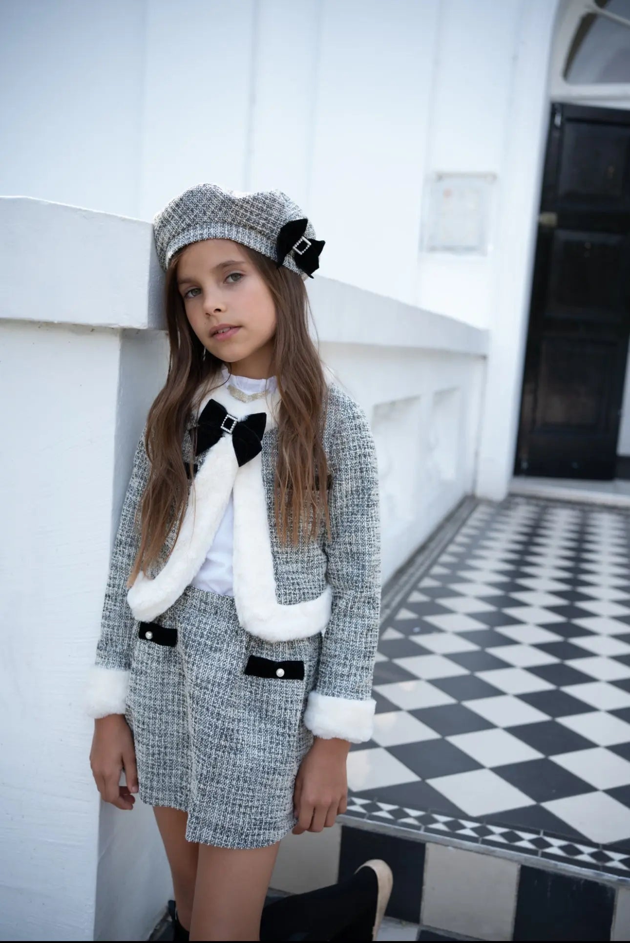 AW25 Babine Girls Black Tweed Blazer, Skirt, Shirt & Beret Babine
