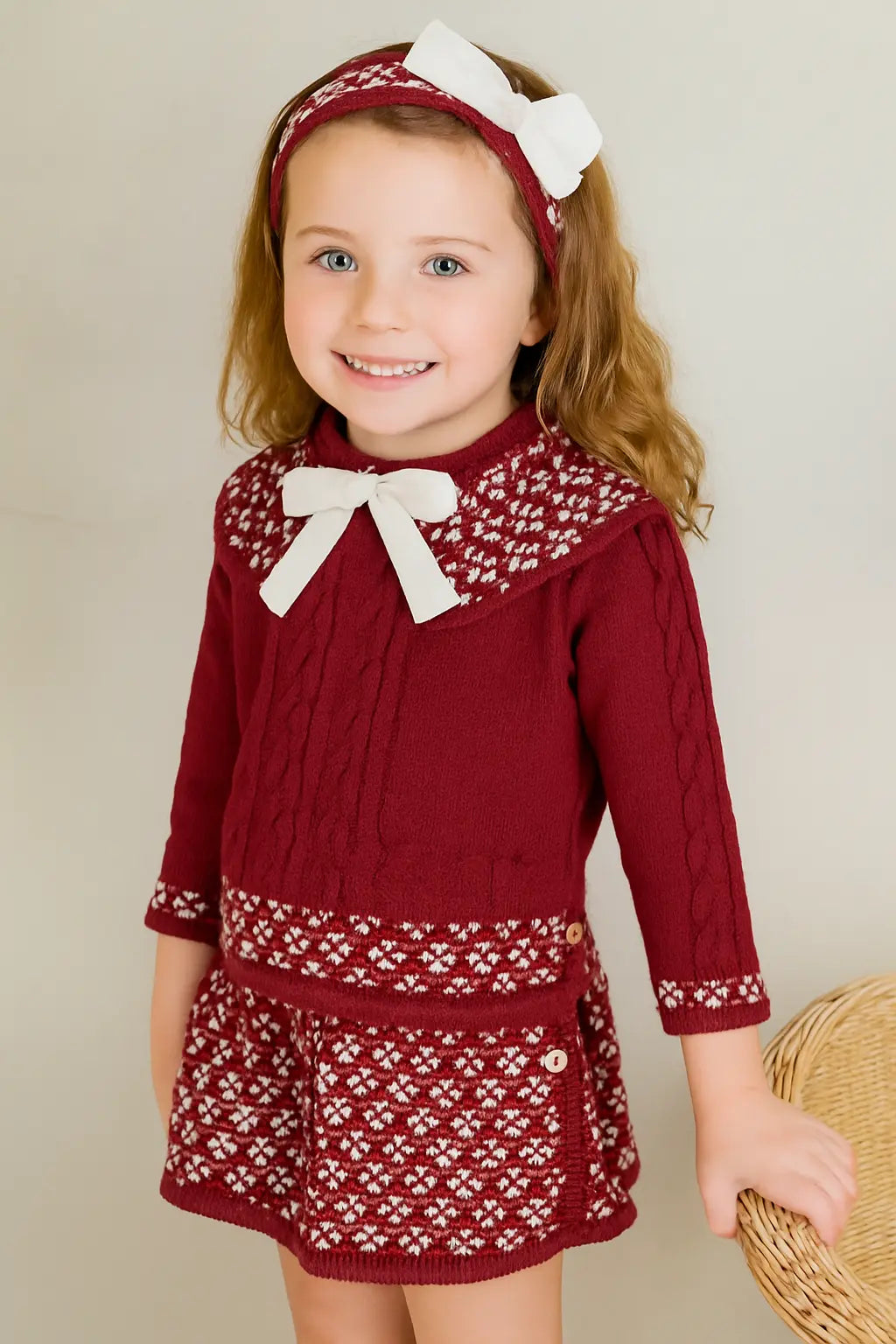 AW25 Rahigo Girls Burgundy & Cream Knitted Dress & Hairbow Rahigo Moda Infantil