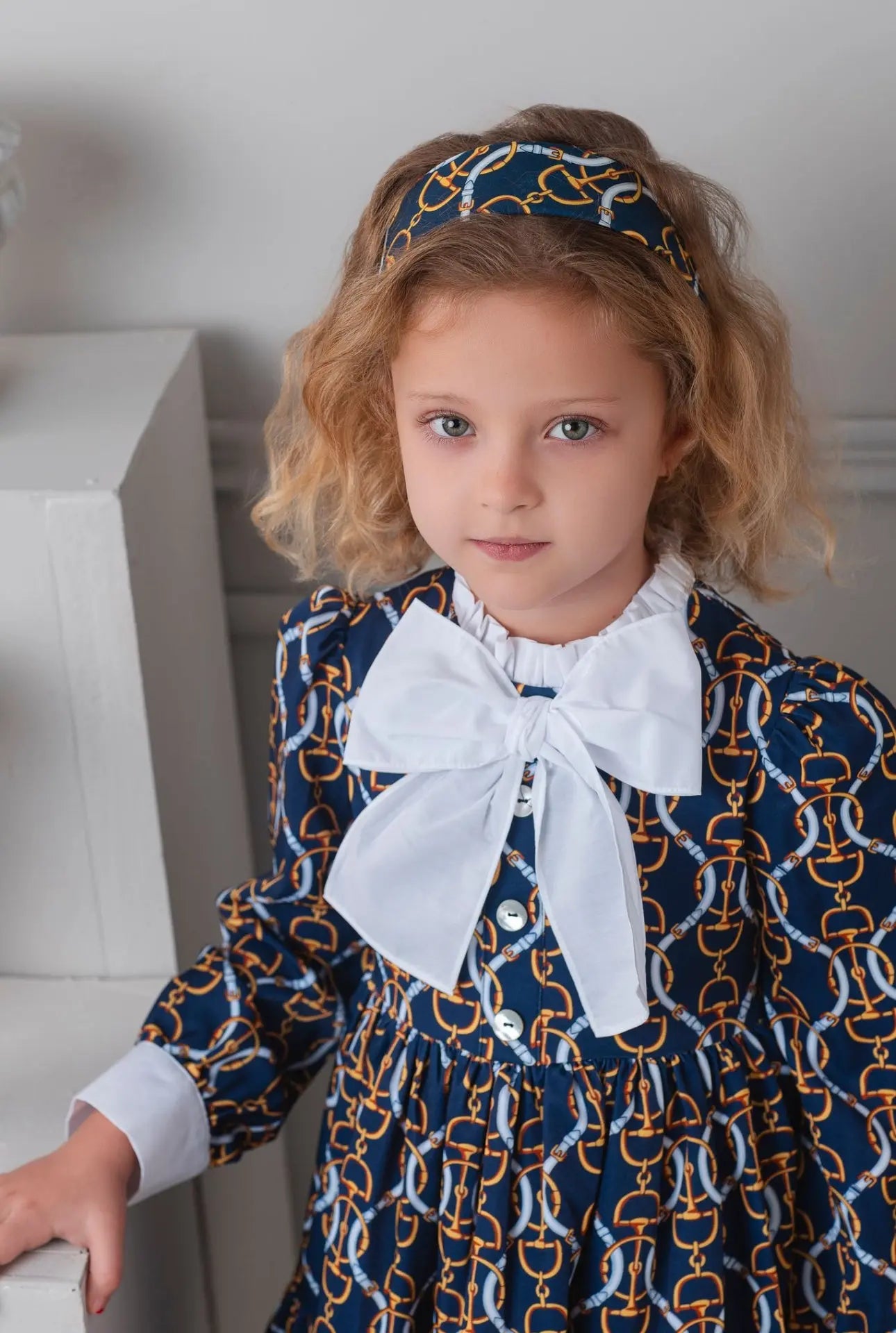 AW25 Rochy Girls Navy & Gold Chains Bow Dress Rochy