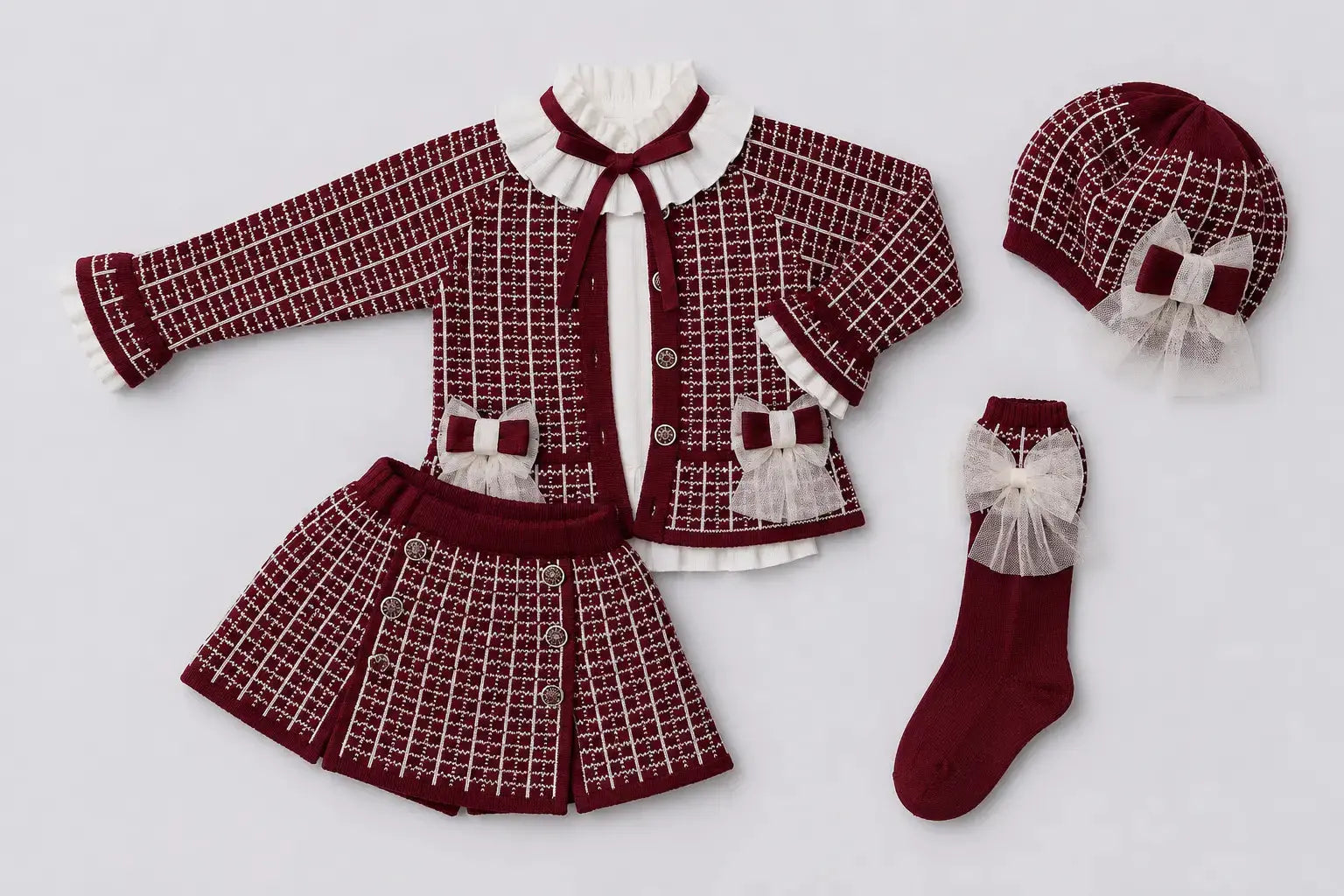 AW26 Rahigo Burgundy Knit Skirt Set with Cardigan, Beret & Socks - Rahigo Moda Infantil 