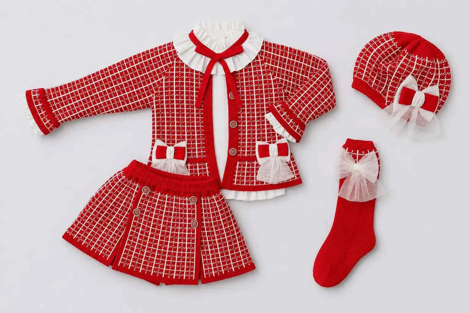 AW26 Rahigo Red Knit Skirt Set with Cardigan, Beret & Socks