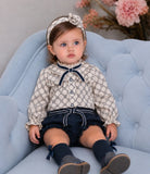 AW26 Rochy baby girls navy and cream printed blouse with navy frill jam pants and adjustable waist, sizes 12 months to 4 years