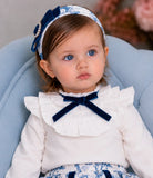 AW26 Rochy girls blue and ivory toile print headband with navy velvet bow and pearl-style embellishment
