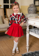 AW26 Rochy girls D&G-inspired red navy and cream chains print blouse with red skirt and matching headband, sizes 4 to 14 years