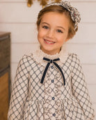 AW26 Rochy girls navy and cream heritage print bow headband matching hair accessory