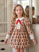 AW26 Rochy girls cream red and navy teddy bear print dress with white collar, red bow and lace cuff detailing, sizes 4 to 10 years