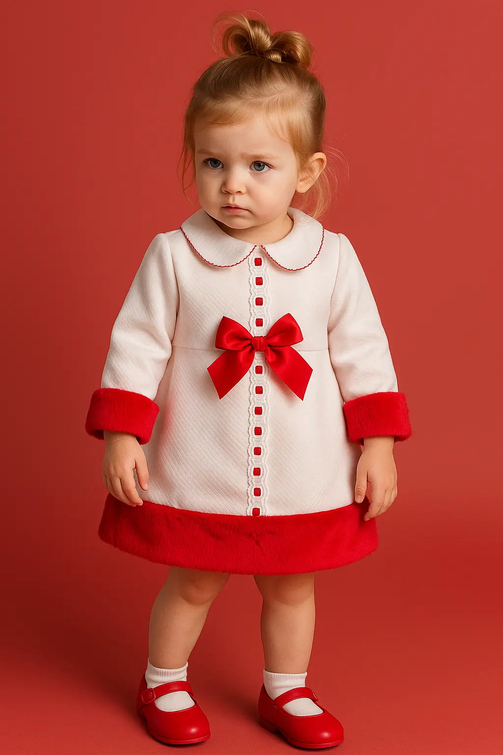Baby Girls White & Red Lace Pique Fur Dress Dainty Delilah
