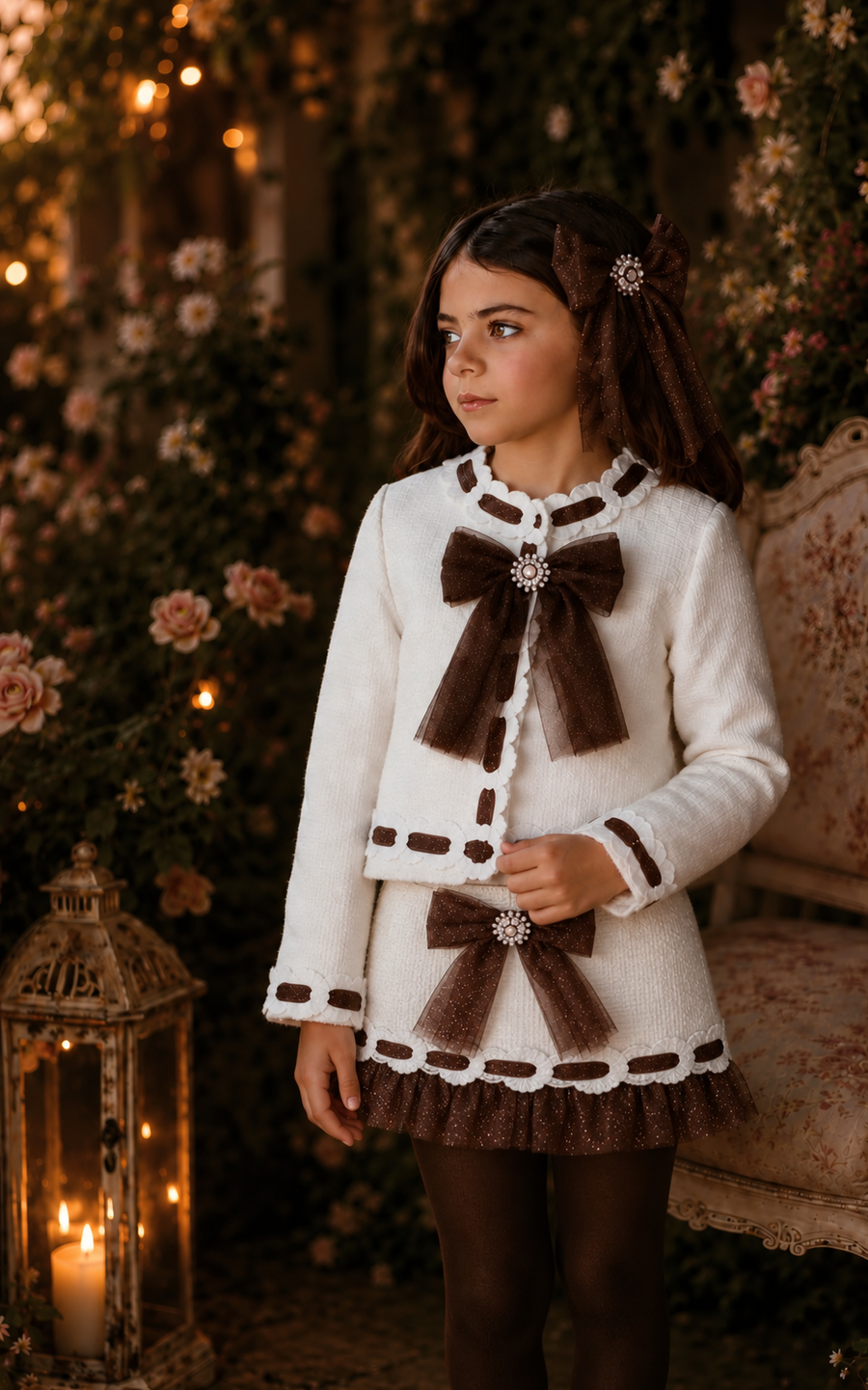 AW26 Naxos Chocolate Glitter Tulle Girls Blazer, Shirt & Skirt Set