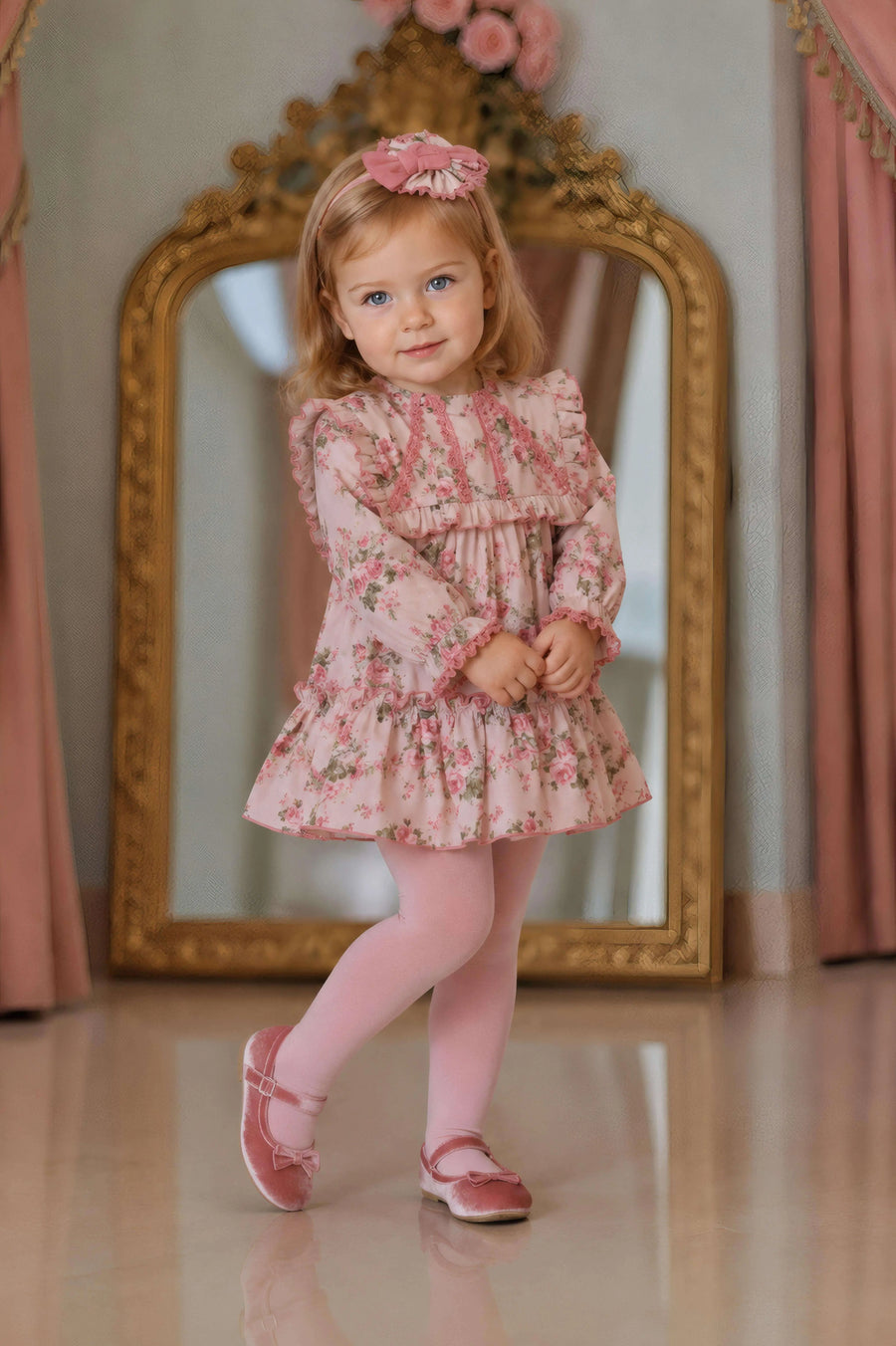AW26 Miranda Baby Girls Vintage Rose Floral Dress in blush pink with floral print, ruffle bib collar, and tiered skirt. Available in sizes 12 Months, 18 Months, 24 Months, and 30 Months.