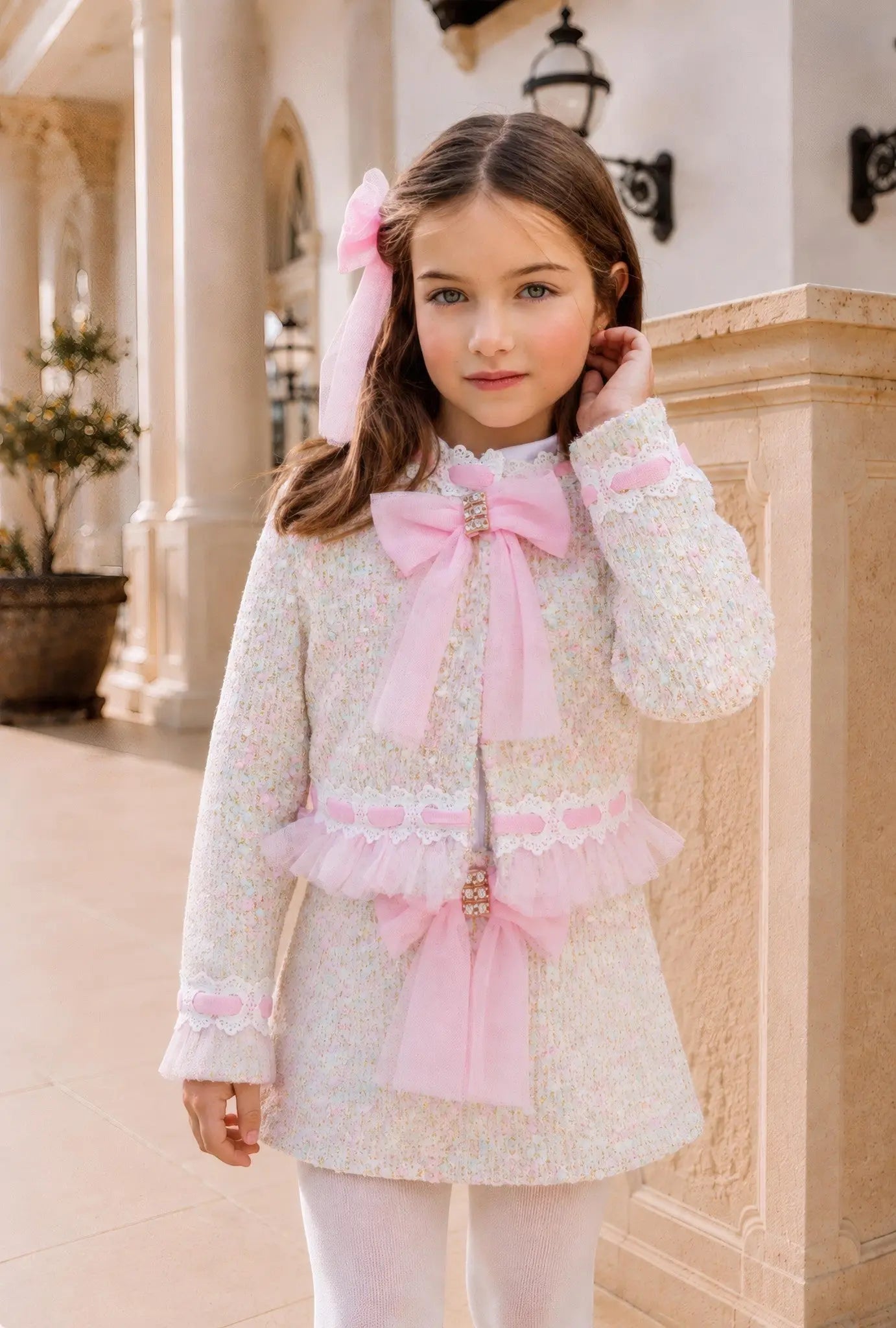 AW26 Naxos Pink Tweed Tulle Girls Blazer, Shirt & Skirt Set Naxos
