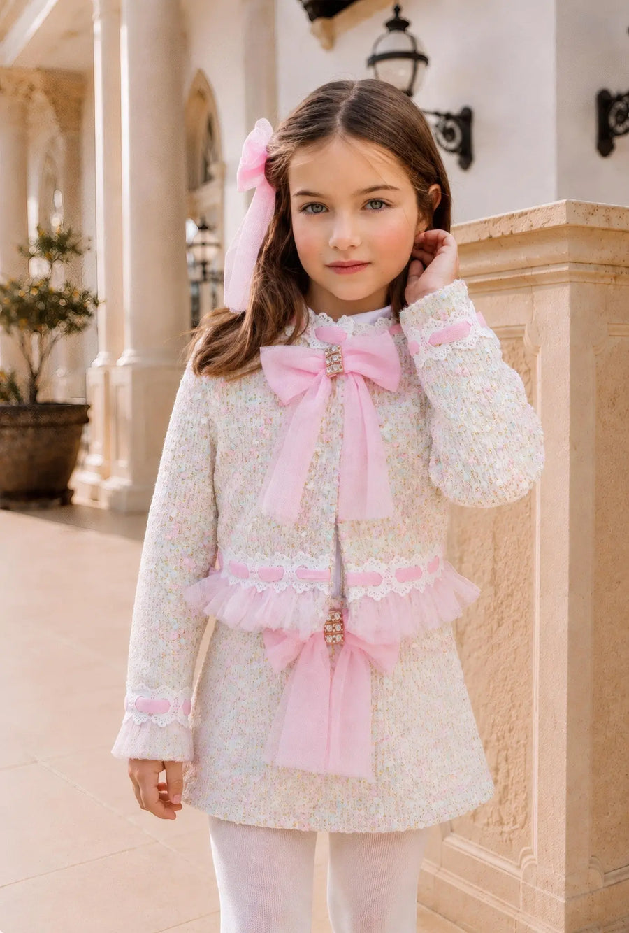AW26 Naxos Pink Tweed Tulle Girls Blazer, Shirt & Skirt Set featuring a layered design with a pink bow detail. Sizes available: 3 Years, 4 Years, 5 Years, 6 Years, 7 Years, 8 Years, 10 Years, 12 Years.