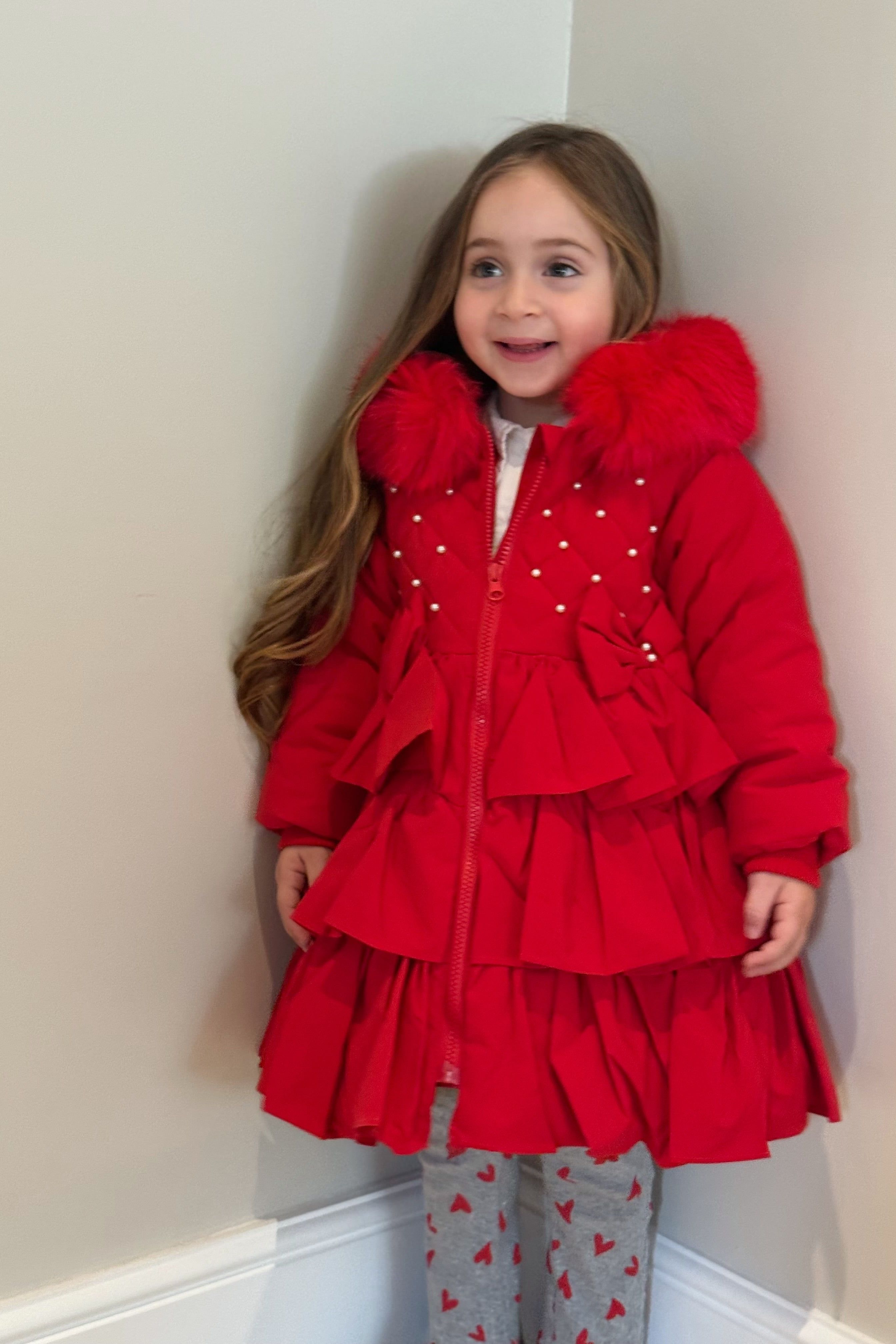 Girls Red Pearl Christmas Frilly Coat