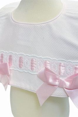 White / Pink Spanish Pique Ribbon Bib