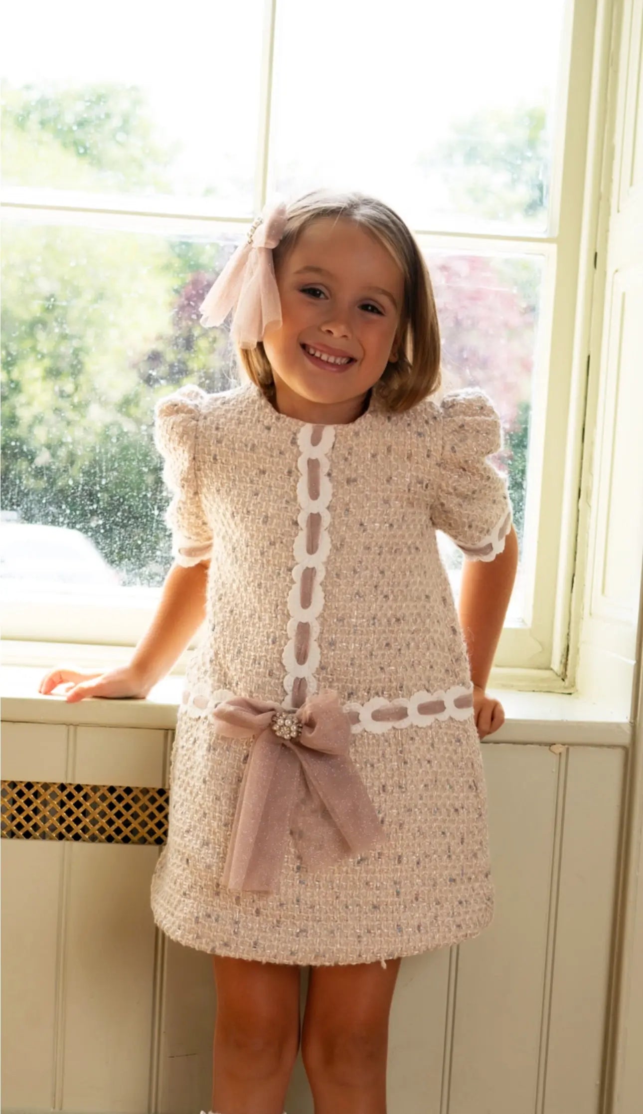 AW25 Naxos Girls Beige Glitter Tweed Dress Naxos