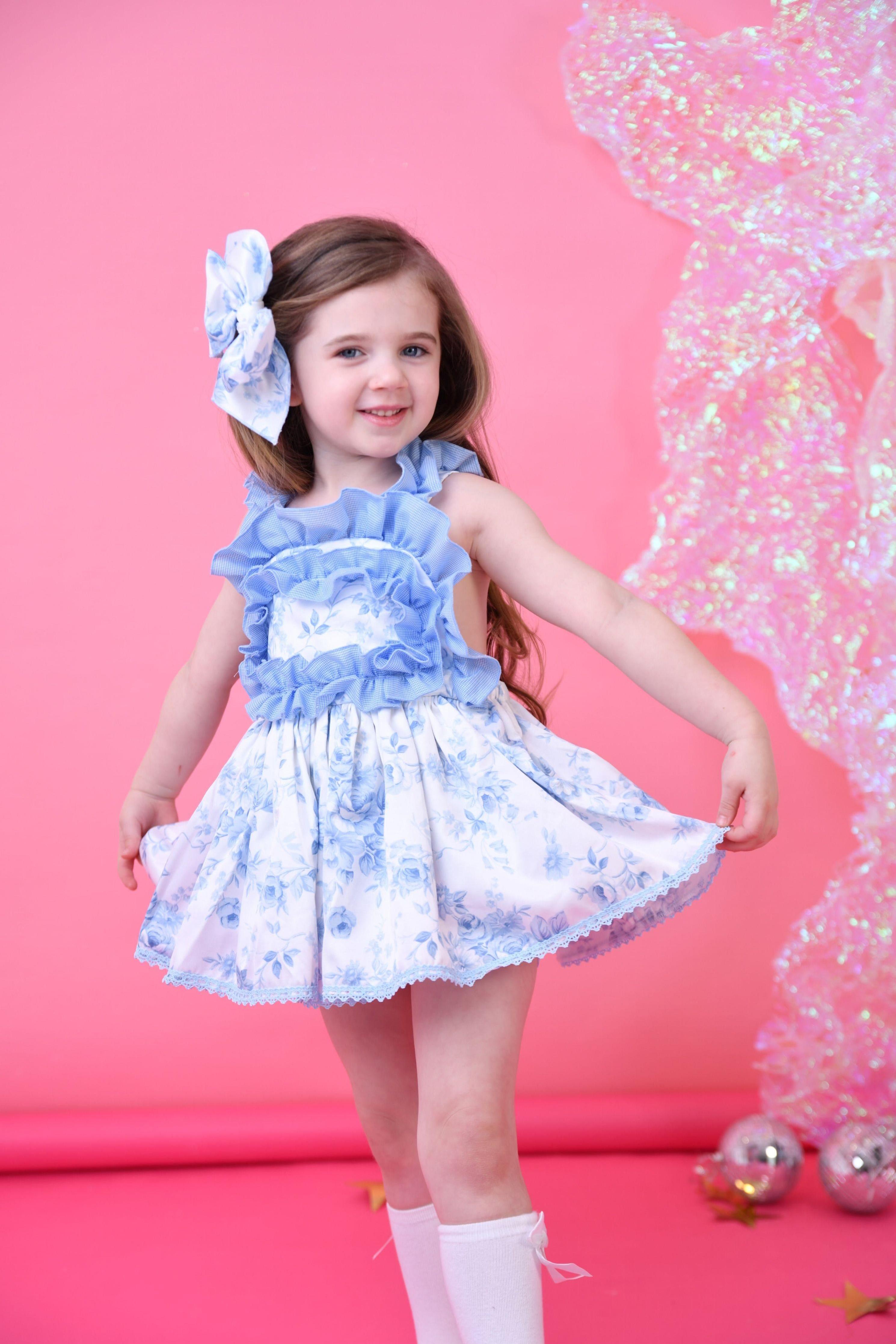 SS25 Ela Confeccion Blue Toile Dress, Knickers & Bonnet Ela Confeccion