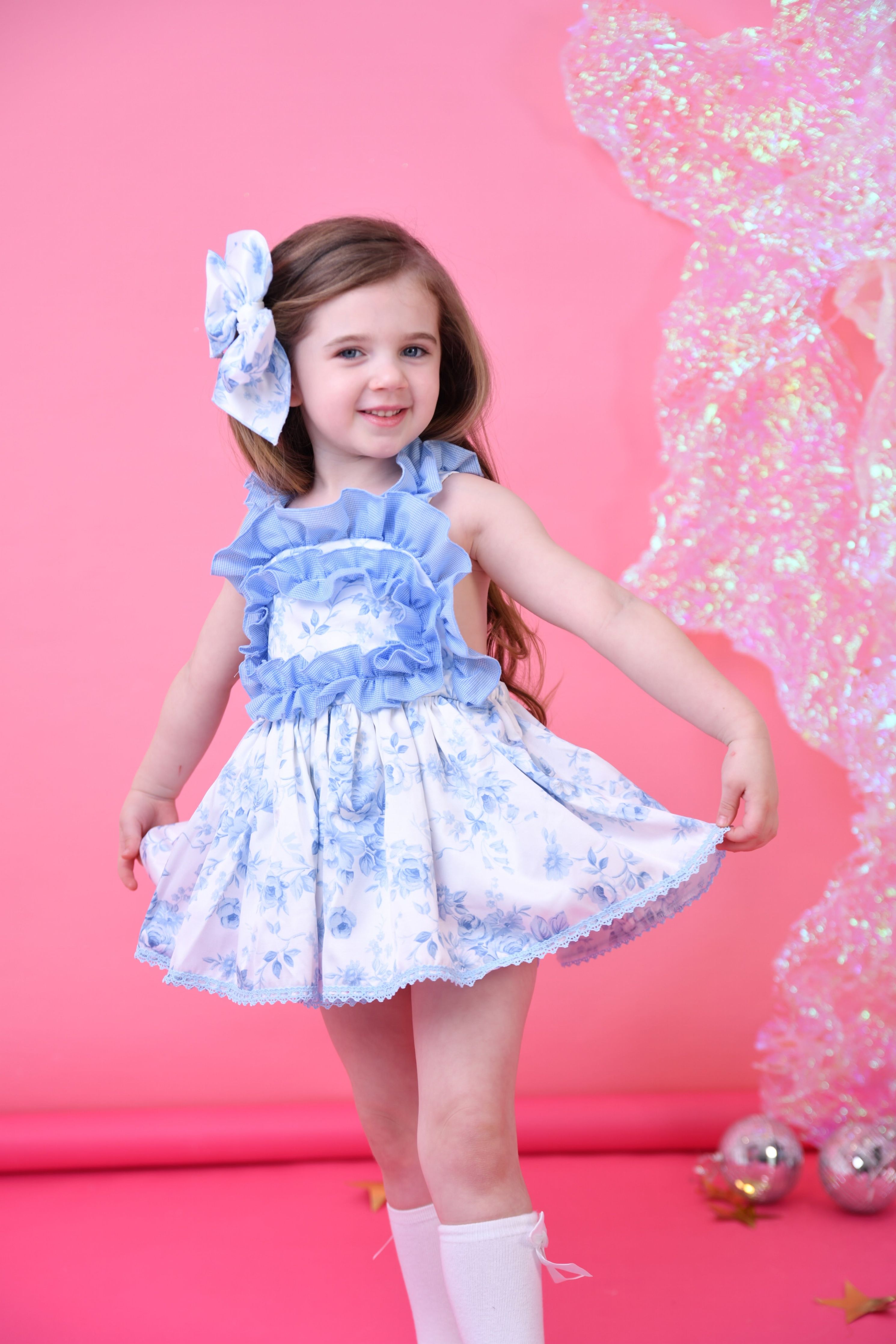 SS25 Ela Confeccion Blue Toile Dress, Knickers & Bonnet Ela Confeccion